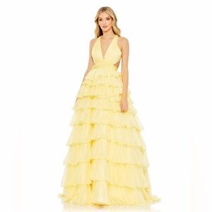 Mac Duggal 67988 Yellow Chiffon Halter Tiered Gown with Plunge Neckline, size 16